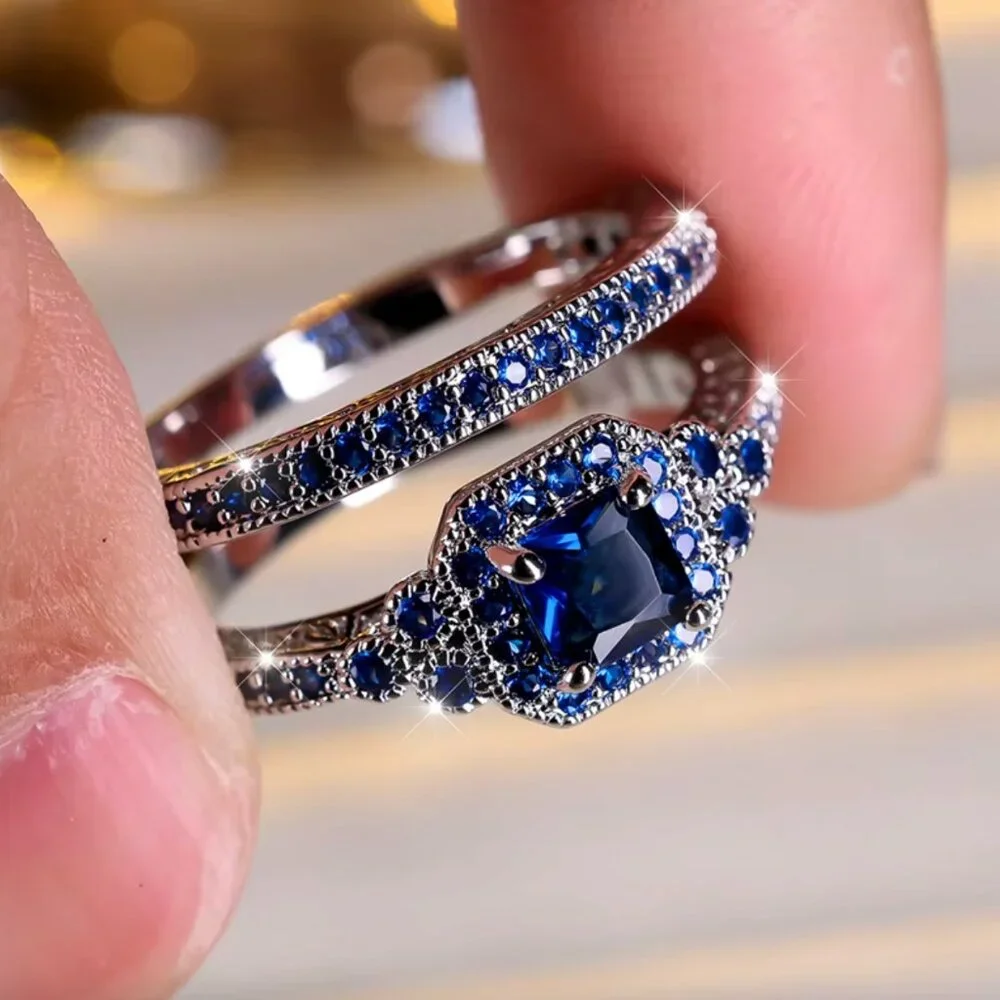NEW 14k White Gold Blue Sapphire Diamond Ring Band Set of 2 Rings_2